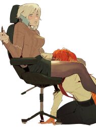 Rule 34 | 2400db, 2girls, absurdres, blue eyes, blush, breasts, chair, faust (project moon), green eyes, grey hair, highres, holding, holding pen, ishmael (project moon), limbus company, long hair, multiple girls, necktie, office chair, on chair, orange hair, parted lips, pen, project moon, simple background, sitting, swivel chair, talking on phone, white background, yuri