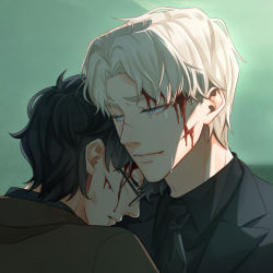 Rule 34 | 2boys, black hair, black necktie, black shirt, black suit, bleeding, blonde hair, blood, blood on face, blue eyes, closed eyes, closed mouth, collar, crying, draco malfoy, eyebrows, eyelashes, facial scar, formal, glasses, harry potter, harry potter (series), highres, leaning on person, looking at another, male focus, ming cha, multiple boys, necktie, scar, scar on cheek, scar on face, scar on nose, shirt, short hair, suit, tears, wing collar, wizarding world, yaoi