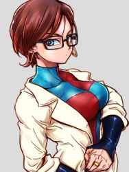 Rule 34 | 1girl, alternate hairstyle, android 21, black-framed eyewear, black nails, blue eyes, breasts, brown hair, checkered clothes, checkered dress, closed mouth, coat, collarbone, commentary request, detached sleeves, dragon ball, dragon ball fighterz, dress, earrings, expressionless, flat color, glasses, grey background, hoop earrings, jewelry, kemachiku, lab coat, long hair, looking at viewer, medium breasts, nail polish, ring, short hair, solo, two-tone dress, upper body, very long hair, white coat
