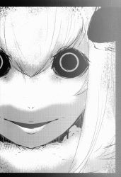 Rule 34 | 1girl, absurdres, black sclera, close-up, colored sclera, crazy eyes, crazy smile, greyscale, hair between eyes, highres, looking at viewer, mashiro (solopipb), monochrome, original, portrait, scan, smile, solo, solopipb, wide-eyed