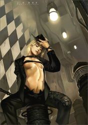 Rule 34 | 1girl, blonde hair, breasts, cleavage, corrupted metadata, hat, juno jeong, midriff, no bra, non-web source, one eye closed, open clothes, open shirt, pants, sexually suggestive, shirt, short hair, solo, underboob, wink