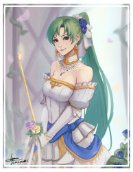 Rule 34 | 1girl, absurdres, artist name, bare shoulders, breasts, candle, cleavage, cm lynarc, dress, earrings, female focus, fire, fire emblem, fire emblem heroes, fire, flower, green eyes, green hair, highres, holding, holding candle, jewelry, long hair, looking at viewer, lyn (fire emblem), matching hair/eyes, necklace, nintendo, official alternate costume, petals, ponytail, rose, rose petals, signature, smile, solo, very long hair, wedding dress
