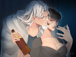Rule 34 | 1boy, 1girl, alcohol, black hair, blunt bangs, bottle, breasts, cape, cigarette, cleavage, close-up, closed eyes, commentary, english commentary, facial hair, frojdhart, glasses, goatee, highres, holding, holding bottle, holding cigarette, hug, hug from behind, large breasts, looking at viewer, medium breasts, mustache, one piece, shakuyaku (one piece), shirt, short hair, silvers rayleigh, upper body, white cape, white hair