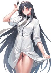 Rule 34 | 1girl, absurdres, black hair, black necktie, blush, closed mouth, collared shirt, cowboy shot, crossed bangs, gluteal fold, highres, holding, holding removed eyewear, long hair, looking at viewer, necktie, original, red eyes, shirt, simple background, smile, solo, sunglasses, thigh gap, thighs, unworn eyewear, white background, white shirt, yamanokami eaka