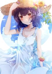 Rule 34 | 1girl, absurdres, adjusting clothes, adjusting headwear, alternate hairstyle, bad id, bad twitter id, bare arms, blue hair, blue sky, blush, bracelet, breasts, cloud, day, dress, expressionless, flower, flower bracelet, gradient hair, hair down, hat, hat flower, highres, idolmaster, idolmaster shiny colors, jewelry, looking at viewer, morino rinze, multicolored hair, namamake, red eyes, short hair, sky, small breasts, solo, sun hat, upper body, white dress