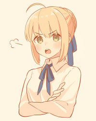 Rule 34 | 1girl, absurdres, ahoge, angry, artoria pendragon (all), artoria pendragon (fate), bad id, bad pixiv id, beige background, blonde hair, blue ribbon, blush, braid, commentary request, cropped torso, crossed arms, fate/stay night, fate (series), green eyes, hair ribbon, highres, looking at viewer, lq saku, neck ribbon, open mouth, ribbon, saber (fate), shirt, short hair, simple background, solo, teeth, upper body, upper teeth only
