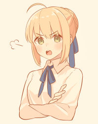 1girl absurdres ahoge angry artoria_pendragon_(all) artoria_pendragon_(fate) bad_id bad_pixiv_id beige_background blonde_hair blue_ribbon blush braid commentary_request cropped_torso crossed_arms fate/stay_night fate_(series) green_eyes hair_ribbon highres looking_at_viewer lq_saku neck_ribbon open_mouth ribbon saber_(fate) shirt short_hair simple_background solo teeth upper_body upper_teeth_only