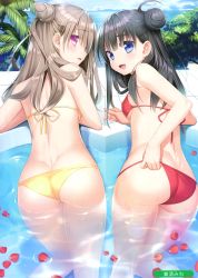 Rule 34 | 2girls, :d, absurdres, artist name, ass, back, bare arms, bare shoulders, bikini, black hair, blue eyes, breasts, brown hair, butt crack, cloud, covered erect nipples, day, dimples of venus, from behind, hair bun, hand on own ass, highres, kanekiyo miwa, long hair, looking at viewer, looking back, melonbooks, multiple girls, ocean, open mouth, outdoors, parted lips, petals, petals on liquid, pool, purple eyes, red bikini, scan, side bun, single hair bun, single side bun, small breasts, smile, swimsuit, tree, water, wedgie, wet, yellow bikini