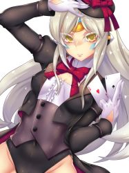 Rule 34 | 1girl, argyle, argyle clothes, argyle cutout, between fingers, black hat, bow, bowtie, breasts, card, clothing cutout, colored eyelashes, corset, covered erect nipples, covered navel, cropped jacket, diamond (shape), elsword, eve (elsword), eyelashes, facial mark, fi-san, forehead jewel, gloves, groin, hand on headwear, hat, heart, highres, holding, holding card, horns, large breasts, long hair, long sleeves, looking at viewer, playing card, pointy ears, red bow, red bowtie, red ribbon, ribbon, silver hair, solo, spade, transparent background, upper body, white gloves, yellow eyes