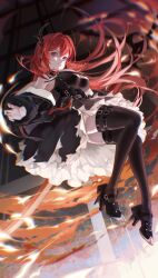 Rule 34 | 1girl, absurdres, arknights, bare shoulders, black dress, black footwear, black pantyhose, breasts, chest strap, closed mouth, demon girl, demon horns, dress, high heels, highres, horns, large breasts, long hair, pantyhose, purple eyes, red hair, solo, surtr (arknights), thigh strap, xianyu guguzi