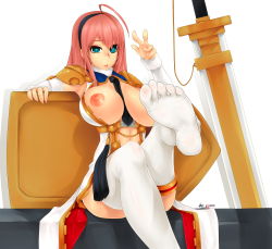 Rule 34 | 00s, 1girl, absurdres, ahoge, bad id, bad pixiv id, between breasts, blue eyes, breasts, caooll, detached sleeves, dungeon and fighter, feet, highres, knight (dungeon and fighter), large breasts, necktie, nipples, no shoes, pink hair, shield, simple background, sitting, soles, solo, sword, thighhighs, toes, weapon, white background, white thighhighs