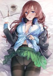 Rule 34 | 1girl, bed sheet, black jacket, blue cardigan, blue eyes, breasts, brown hair, cardigan, collarbone, cup, go-toubun no hanayome, green skirt, hair between eyes, hand up, headphones, headphones around neck, highres, jacket, large breasts, long hair, looking at viewer, lying, miniskirt, mug, nakano miku, notebook, on back, open clothes, open jacket, open mouth, pantyhose, partially unbuttoned, pen, pleated skirt, saya (mychristian2), school uniform, shirt, skirt, solo, thigh gap, thighband pantyhose, white shirt