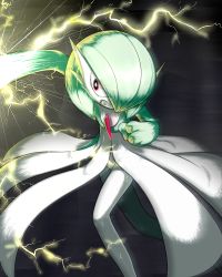 Rule 34 | 1girl, angry, arm up, black background, blurry, blurry background, bob cut, clenched hand, clenched teeth, colored skin, creatures (company), electricity, eye trail, fangs, female focus, flat chest, game freak, gardevoir, gen 3 pokemon, green hair, green skin, hair over one eye, hand up, highres, light trail, looking to the side, lotosu, multicolored skin, nintendo, pokemon, pokemon (creature), pokemon move, punching, red eyes, short hair, simple background, solo, standing, teeth, thunder punch (pokemon), two-tone skin, white skin