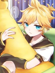 Rule 34 | 1boy, angry, arm warmers, banana, bass clef, black collar, blonde hair, blue eyes, collar, commentary, couch, curtains, food, fruit, headphones, headset, highres, holding, holding food, holding fruit, holding toy, indoors, kagamine len, leg warmers, looking at viewer, male focus, nail polish, pouty lips, sailor collar, school uniform, shirt, short ponytail, short sleeves, sitting, solo, soramame pikuto, speech bubble, spiked hair, star (symbol), star ornament, stuffed toy, toy, translated, v-shaped eyebrows, vocaloid, white shirt, yellow nails