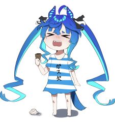 Rule 34 | &gt; &lt;, 1girl, ahoge, animal ears, blue hair, blue shirt, bow, commentary request, crossed bangs, food, full body, hair bow, highres, holding, holding ice cream cone, horse ears, horse girl, horse tail, ice cream, ice cream cone, ice cream cone spill, long hair, multicolored hair, open mouth, sharp teeth, shirt, short sleeves, sidelocks, solo, standing, striped bow, striped clothes, striped shirt, tail, teeth, toa510, twin turbo (umamusume), twintails, umamusume, upper teeth only, very long hair