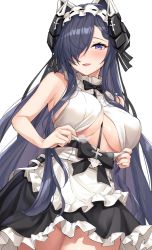 Rule 34 | 1girl, :d, apron, august von parseval (azur lane), august von parseval (the conquered unhulde) (azur lane), azur lane, bare arms, bare shoulders, between breasts, black bow, black bowtie, bow, bowtie, breasts, commentary request, cross, dress, frilled apron, frilled dress, frills, hair over one eye, hair ribbon, highres, holding, horns, iron cross, kurenai hanpen, large breasts, long hair, looking at viewer, maid, maid headdress, mechanical horns, official alternate costume, one eye covered, open mouth, parted lips, purple eyes, purple hair, ribbon, simple background, smile, solo, sweat, thighs, very long hair, white background