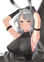 Rule 34 | 1girl, absurdres, animal ears, arknights, armlet, armpits, band-width, black gloves, blush, breasts, closed mouth, covered erect nipples, gloves, grey eyes, grey hair, highres, impossible clothes, large breasts, long hair, looking at another, rabbit ears, rabbit girl, savage (arknights), smile, solo, upper body