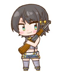 Rule 34 | 1girl, :3, aqua eyes, belt, black hair, blouse, blue shorts, blush, blush stickers, boots, breasts, chibi, closed mouth, commentary request, crop top, fold-over boots, full body, grey shirt, grey thighhighs, gun, hair ornament, hip vent, holding, holding gun, holding weapon, hololive, left 4 dead, left 4 dead 2, looking to the side, midriff, navel, nekoyama, no jacket, official alternate costume, oozora subaru, oozora subaru (work), pump action, shirt, short hair, short shorts, shorts, simple background, sleeveless, sleeveless shirt, smile, solo, star (symbol), star hair ornament, striped clothes, striped shirt, thighhighs, vertical-striped clothes, vertical-striped shirt, virtual youtuber, weapon, white background, white belt