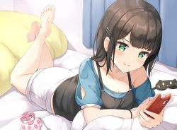 Rule 34 | 1girl, :t, black hair, black vest, blue shirt, bracelet, cellphone, clothing cutout, collarbone, curtains, green eyes, hair ornament, hairclip, holding, holding phone, indoors, jewelry, keiran (ryo170), lying, on bed, on stomach, original, phone, pout, puffy short sleeves, puffy sleeves, shirt, short sleeves, shorts, shoulder cutout, smartphone, solo, vest, white shorts