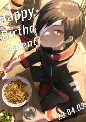 Rule 34 | 1boy, 1girl, absurdres, bandage over one eye, bandaid, bandaid on face, bandaid on nose, black jacket, black pants, blush, brown eyes, brown hair, character name, cherry tomato, chopsticks, cup, dated, food, happy birthday, highres, holding, holding chopsticks, holding cup, holding spoon, jacket, library of ruina, long sleeves, looking at viewer, looking up, michael (8m71d), miso soup, noodles, pants, pleated skirt, project moon, ramen, red skirt, sitting, skirt, spoon, table, tenma (project moon), tomato, valentin (project moon), water, yakisoba