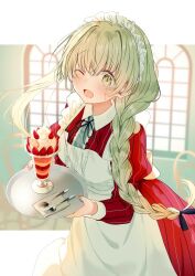 Rule 34 | 1girl, apron, blush, braid, cecilia (shiro seijo to kuro bokushi), cup, dress, food, fork, frilled apron, frills, fruit, green eyes, green hair, hair between eyes, highres, holding, holding tray, ice cream, kazutake hazano, long hair, long sleeves, maid, maid apron, maid headdress, neck ribbon, one eye closed, open mouth, parfait, puffy sleeves, red dress, ribbon, shiro seijo to kuro bokushi, single braid, smile, solo, spoon, strawberry, striped clothes, striped dress, sundae, tray, very long hair, waitress, white apron