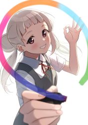 Rule 34 | 1girl, absurdres, arashi chisato, artist name, artist request, belt, blush, bow, bowtie, breasts, buttons, collared shirt, double bun, dress, dress shirt, female focus, floating hair, grey belt, grey shirt, grey skirt, hair bun, hair tie, highres, holding, holding marker, long hair, long sleeves, looking at viewer, love live!, love live! superstar!!, marker, miniskirt, nail, nail polish, neck ribbon, o-ring, o-ring belt, ok sign, parted lips, pink nails, plaid, plaid skirt, pleated, pleated skirt, red bow, red eyes, red ribbon, ribbon, school uniform, shirt, skirt, small breasts, smile, solo, teeth, twintails, wavy hair, white background, white hair, white shirt, wing collar, yuigaoka school uniform