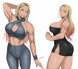 Rule 34 | 1girl, abs, arm behind head, arm up, black dress, blonde hair, blue eyes, bodycon, breasts, cleavage cutout, clothing cutout, cowboy shot, cross-laced clothes, dress, grey legwear, grey sports bra, gyaru, high-waist pants, highres, kogal, large breasts, long hair, multicolored hair, multiple views, muscular, muscular female, original, pants, parted lips, red hair, shadow, shibusun, simple background, smile, sports bra, strapless, strapless dress, tan, two-tone hair, white background, yoga pants