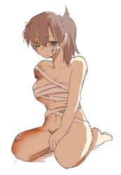 Rule 34 | 10s, 1girl, amputee, bad id, bad twitter id, bandages, bandages around chest, barefoot, brown hair, burn scar, guro, heterochromia, injury, kaga (kancolle), kantai collection, kneeling, navel, nude, rebecca (keinelove), scar, seiza, short hair, side ponytail, simple background, sitting, sketch, solo, white background