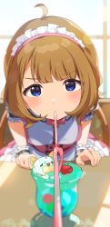 Rule 34 | 1girl, ahoge, blue eyes, blurry, blurry background, blush, brown hair, cherry, crazy straw, cup, depth of field, drinking glass, drinking straw, food, fruit, hairband, highres, idolmaster, idolmaster million live!, idolmaster million live! theater days, inuyama nanami, long hair, looking at viewer, low twintails, pov, pov across table, shared drink, shared straw, suou momoko, twintails, wristband