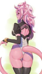 Rule 34 | 1girl, absurdres, android 21, ass, back cutout, big hair, black sclera, bracelet, clothing cutout, colored sclera, colored skin, commentary, cosplay, cowboy shot, curly hair, curvy, detached sleeves, dragon ball, dragon ball fighterz, earrings, english commentary, from behind, highres, hip focus, hoop earrings, jewelry, leotard, long hair, looking back, majin android 21, nier (series), nier:automata, no pants, pink skin, pointy ears, puffy sleeves, red eyes, solo, standing, suwaiya, tail, tail through clothes, thick thighs, thigh gap, thighhighs, thighs, wide hips, 2b (nier:automata), 2b (nier:automata) (cosplay)