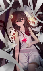 Rule 34 | 1girl, absurdres, alternate costume, blurry, brown hair, coffin, collarbone, commentary request, depth of field, dress, flower, genshin impact, hair between eyes, highres, holding, holding flower, hu tao (genshin impact), long hair, looking at viewer, lying, on back, qixia, red eyes, sidelocks, sleeveless, solo, symbol-shaped pupils, twintails, white dress