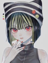 Rule 34 | 1girl, badge, bare shoulders, beanie, black hair, black hat, black shirt, blonde hair, blunt bangs, blunt ends, bob cut, button badge, closed mouth, color guide, eyelashes, green hair, grey background, hand up, hat, hat with ears, highres, limited palette, lipstick, looking at viewer, makeup, multicolored hair, nail polish, o-ring, original, oysi mysi, portrait, red eyes, red hair, red nails, shirt, short hair, simple background, sleeveless, smiley face, solo, striped clothes, striped headwear, twitter username, two-tone hair, zipper