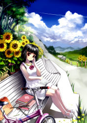 Rule 34 | 1girl, bad id, bad pixiv id, bench, bicycle, black hair, book, day, dress, flower, folding bicycle, mary janes, miyazakisoul, original, red eyes, scenery, shoes, short hair, sitting, sky, solo, stairs, sunflower