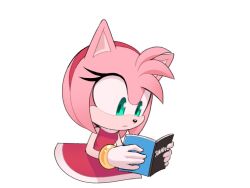 Rule 34 | 1girl, amy rose, animal ears, bare shoulders, book, bracelet, breasts, commentary, dress, english commentary, english text, eyelashes, furry, furry female, gloves, gold bracelet, green eyes, hairband, hands up, hedgehog ears, hedgehog girl, hedgehog tail, holding, holding book, jewelry, looking down, looking to the side, medium breasts, open book, pink fur, reading, red dress, red hairband, simple background, sleeveless, sleeveless dress, solo, sonic (series), speech bubble, standing, tail, toonsite, white background, white gloves