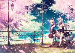 Rule 34 | 2girls, :d, ahoge, animal ears, ascot, bag, black footwear, black skirt, blue sky, blurry, blurry foreground, blush, breasts, briefcase, brown eyes, brown footwear, cherry blossoms, cloud, day, depth of field, flower, fox ears, fox girl, fox tail, frilled skirt, frills, glasses, hair between eyes, hand up, highres, holding, holding bag, index finger raised, lamppost, layered sleeves, loafers, long hair, long sleeves, medium breasts, misaki yuu, multiple girls, necktie, open mouth, original, outdoors, parted lips, petals, pink flower, pleated skirt, purple eyes, railing, red-framed eyewear, red neckwear, road sign, school briefcase, semi-rimless eyewear, shirt, shoes, short over long sleeves, short sleeves, sign, silver hair, skirt, sky, smile, tail, thighhighs, tree, under-rim eyewear, very long hair, walking, white legwear, white shirt, zettai ryouiki