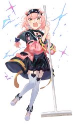 Rule 34 | 1girl, absurdres, animal ears, arknights, black hairband, black skirt, blue bow, bow, braid, broom, brown footwear, cat ears, commentary request, frilled skirt, frills, full body, garter straps, goldenglow (arknights), hair between eyes, hair bow, hairband, highres, holding, holding broom, jacket, lightning bolt print, long hair, long sleeves, open clothes, open jacket, open mouth, otinksan, pink hair, pink jacket, print hairband, puffy long sleeves, puffy sleeves, shirt, shoes, simple background, single braid, skirt, solo, thighhighs, v-shaped eyebrows, white background, white shirt, white thighhighs, yellow eyes