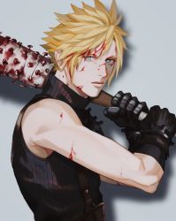 Rule 34 | 1boy, armor, baseball bat, belt, black gloves, blonde hair, blood, blood in hair, blood on arm, blood on face, bloody weapon, blue eyes, blue shirt, boooshow, cloud strife, fighting stance, final fantasy, final fantasy vii, final fantasy vii remake, gloves, grey background, holding, holding baseball bat, looking at viewer, male focus, muscular, muscular male, nail, nail bat, shirt, short hair, shoulder armor, single bare shoulder, sleeveless, sleeveless turtleneck, solo, spiked hair, suspenders, turtleneck, upper body, weapon