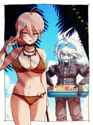 Rule 34 | 1girl, :d, ahoge, android, antenna hair, armor, barbed wire, bikini, black choker, blue eyes, border, breasts, choker, cleavage, commentary, danganronpa (series), danganronpa v3: killing harmony, day, gloves, goggles, grey hair, hakusoto, hand in own hair, holding, innertube, iruma miu, k1-b0, large breasts, long hair, navel, o-ring, open mouth, outside border, palm tree, power armor, short hair, signature, smile, sweat, swim ring, swimsuit, symbol-only commentary, tree, white border, white hair