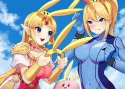 Rule 34 | 1other, 2girls, animal ears, armor, blonde hair, blue bodysuit, blue eyes, blush, bodysuit, bracer, breasts, circlet, dress, earrings, gloves, high ponytail, highres, jewelry, katwo, kirby, kirby (series), long hair, medium breasts, metroid, metroid: other m, mole, mole under mouth, multiple girls, necklace, nintendo, pointy ears, ponytail, princess zelda, rabbit ears, samus aran, shoulder armor, simple background, skin tight, smile, super smash bros., teeth, the legend of zelda, the legend of zelda: a link between worlds, tiara, triforce, upper teeth only, wavy mouth, zero suit