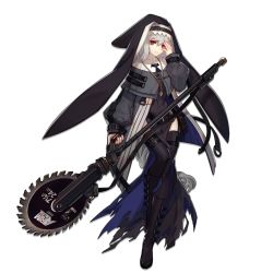 Rule 34 | 1girl, arknights, black footwear, black headwear, black nails, black thighhighs, blush, boots, breasts, capelet, circular saw, coat, full body, garter straps, grey capelet, grey coat, grey hair, habit, hair between eyes, hand up, holding, holding weapon, jewelry, knee boots, long hair, looking at viewer, medium breasts, nail polish, necklace, nun, off shoulder, official art, open clothes, open coat, parted lips, pelvic curtain, red eyes, saw, sidelocks, skade, smile, solo, specter (arknights), tachi-e, thighhighs, transparent background, tsurime, turtleneck, weapon
