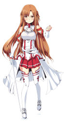 Rule 34 | 10s, 1girl, armor, asuna (sao), bare shoulders, boots, breastplate, brown eyes, brown hair, detached sleeves, full body, highres, long hair, pleated skirt, reason (ficafe), simple background, skirt, smirk, solo, sword, sword art online, thighhighs, weapon, white thighhighs, zettai ryouiki