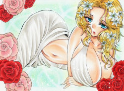 Rule 34 | 1girl, ancient greek clothes, aphrodite (shuumatsu no valkyrie), arms under breasts, bare shoulders, blonde hair, blue eyes, breasts, cleavage, collarbone, flower, flower on head, greco-roman clothes, hair flower, hair ornament, hair over shoulder, huge breasts, lipstick, lying, makeup, navel, open mouth, shuumatsu no valkyrie, solo, stomach, wavy hair