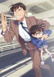 Rule 34 | 2boys, belt, black neckwear, blazer, blue eyes, blue jacket, blurry, blurry background, bow, bowtie, brown footwear, brown hair, brown jacket, brown pants, brown suit, carrying, child, clenched teeth, collared shirt, commentary request, edogawa conan, formal, glasses, grey shorts, hand up, jacket, k (gear labo), long sleeves, looking back, looking to the side, male focus, meitantei conan, motion blur, multiple boys, necktie, one eye closed, open clothes, open jacket, pants, parted lips, red bow, red neckwear, running, shirt, shoes, short hair, shorts, sneakers, socks, suit, sweatdrop, takagi wataru (meitantei conan), teeth, watch, white legwear, white shirt, wristwatch