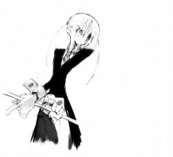 Rule 34 | 1girl, black jacket, cowboy shot, cropped jacket, cropped legs, crossed arms, faux traditional media, gloves, grey eyes, highres, holding, holding weapon, jacket, looking to the side, maka albarn, monochrome, necktie, shirt, short hair, simple background, solo, soul eater, twintails, weapon, white background, white hair, white shirt, yasunavert