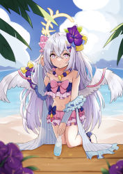 Rule 34 | 1girl, absurdres, ahoge, anklet, azusa (blue archive), azusa (swimsuit) (blue archive), bare shoulders, beach, bead necklace, beads, blue archive, blue sky, blurry, bow, cloud, cloudy sky, commentary request, depth of field, detached sleeves, feathered wings, flower, hair between eyes, hair bow, hair flower, hair ornament, hair ribbon, halo, highres, horizon, jewelry, long hair, looking at viewer, navel, necklace, ocean, parted lips, purple eyes, ribbon, sidelocks, sky, solo, stomach, ukai (user rvvf3458), white hair, white wings, wings, wooden floor