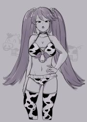 Rule 34 | 1girl, animal, animal print, bell, bikini, breasts, cow, cow print, cowbell, cropped legs, frilled bikini, frills, fujinoki (horonabe-ken), greyscale, hair ribbon, hand on own hip, isuzu (kancolle), kantai collection, large breasts, long hair, monochrome, open mouth, ribbon, sidelocks, simple background, sketch, swimsuit, thighhighs, twintails