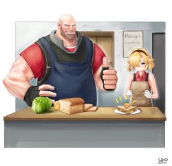Rule 34 | apron, bald, beard, blonde hair, blue eyes, blush, bread, cheese, crossover, english text, facial hair, fingerless gloves, food, future princess, gloves, guardian tales, heavy (tf2), lettuce, little princess (guardian tales), looking down, muscular, muscular male, one eye covered, sandwich, seo (tqhgud016), short hair, size difference, smile, table, tall male, team fortress 2, thumbs up, veins