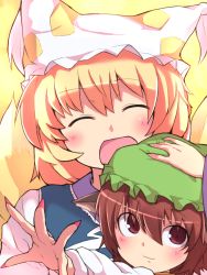 Rule 34 | 2girls, animal ears, animal hat, blonde hair, blush, brown eyes, brown hair, cat ears, chen, closed eyes, fingernails, fox tail, hand on another&#039;s hat, hand on another&#039;s head, hat, highres, koutetu bouya, mob cap, multiple girls, outstretched arms, mob cap, reaching, short hair, smile, tail, tassel, touhou, yakumo ran
