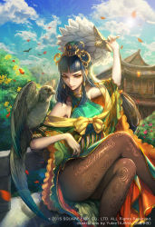 Rule 34 | 10s, 1girl, 2015, animal on arm, architecture, bare shoulders, bird, bird on arm, blue hair, blunt bangs, braid, chinese clothes, cloud, crossed legs, day, east asian architecture, feather fan, genderswap, genderswap (mtf), hand fan, headgear, highres, lens flare, official art, original, pantyhose, petals, romance of the three kingdoms, sangokushi ranbu, sitting, sky, smile, solo, square enix, tajima yukie, thighs, yellow eyes, zhuge liang