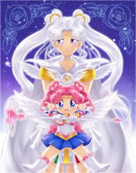 Rule 34 | 1990s (style), 2girls, :d, angel wings, bad id, bad pixiv id, bishoujo senshi sailor moon, bishoujo senshi sailor moon sailor stars, bishoujo senshi sailor moon stars, blue eyes, blue sailor collar, blue skirt, boots, brooch, cape, chibi chibi, child, choker, circlet, cowboy shot, crossed arms, drill hair, facial mark, flower, forehead mark, gradient background, hair bun, hair ornament, hairclip, heart, heart hair bun, jewelry, long hair, looking at viewer, magical girl, multiple girls, open mouth, outstretched arms, pink hair, purple eyes, retro artstyle, rose, sailor chibi chibi, sailor collar, sailor cosmos, short hair, skirt, smile, spread legs, staff, tiara, twin drills, very long hair, watermark, web address, white choker, white footwear, white hair, white sailor collar, white wings, wing brooch, wings, yajuuraku